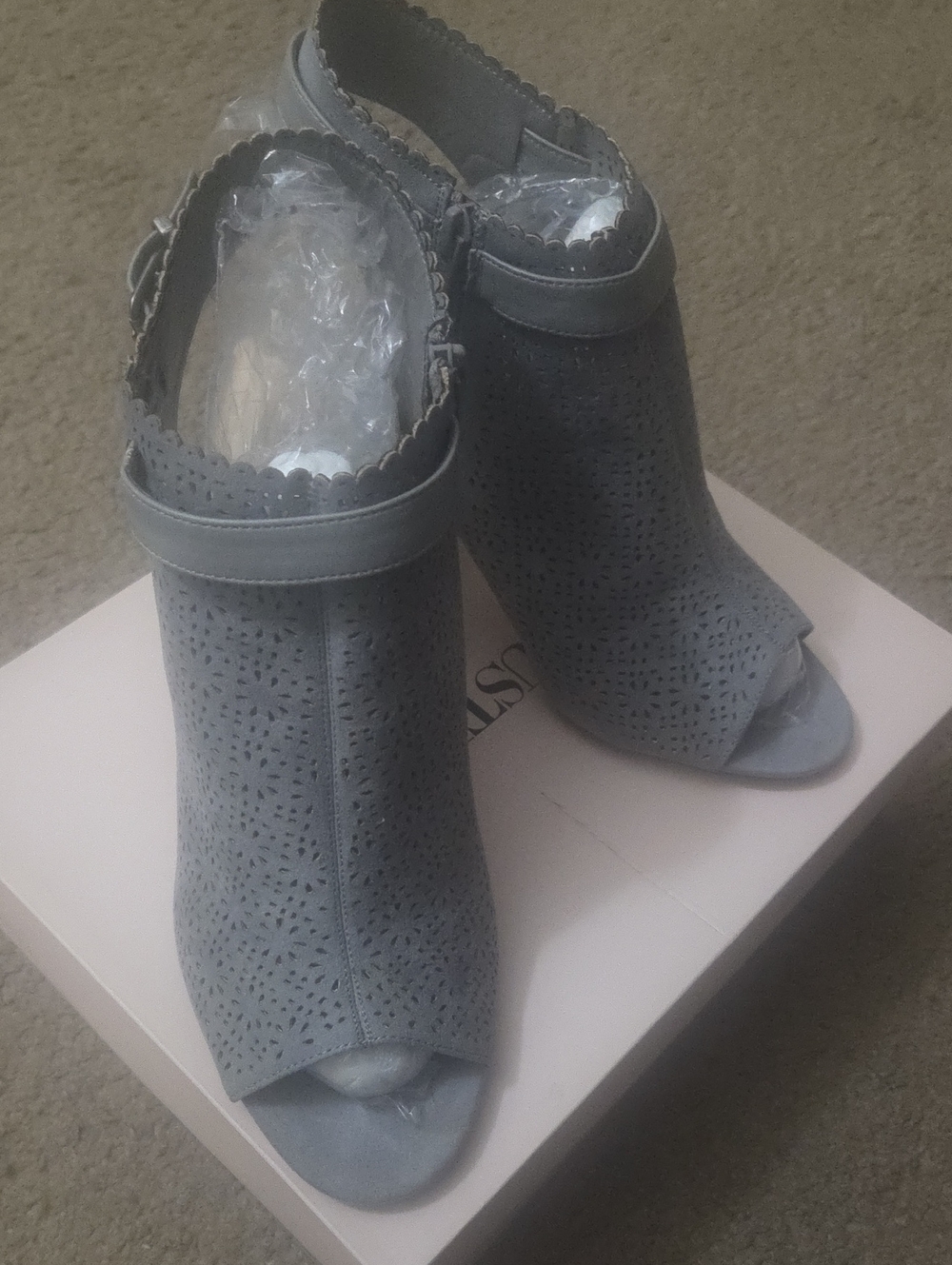 JustFab Gray Laser-Cut Peep-Toe Slingback Booties